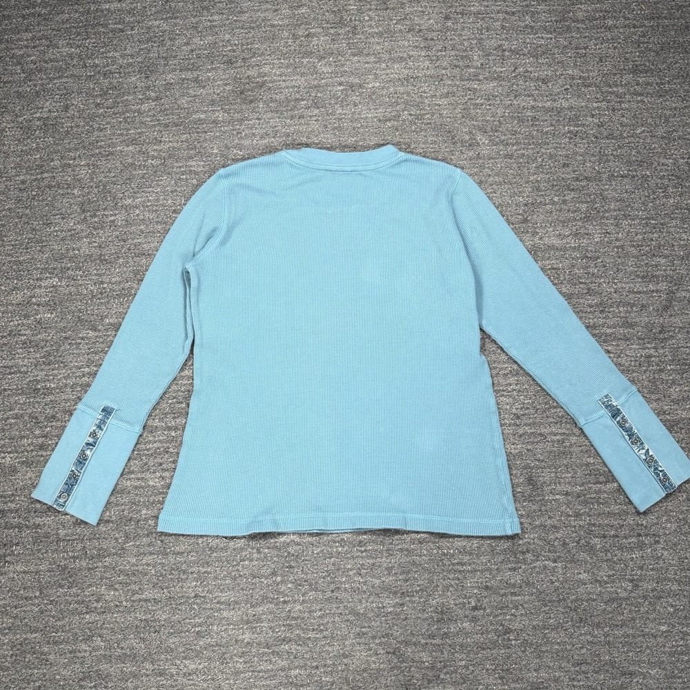 Sundance Shirt Women Large Teal Thermal Waffle Velvet Trim Button Cuff Sleeve
